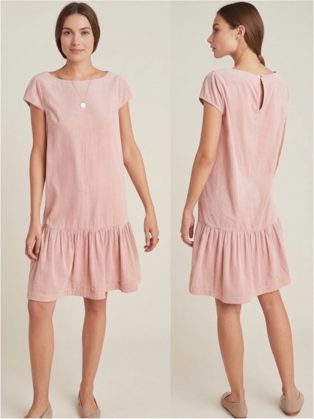 Anthropologie Maeve Tessa Corduroy Drop Waist Flounce Dress Pink 14 NWT Flounced